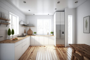 kitchen with white walls white cabinets