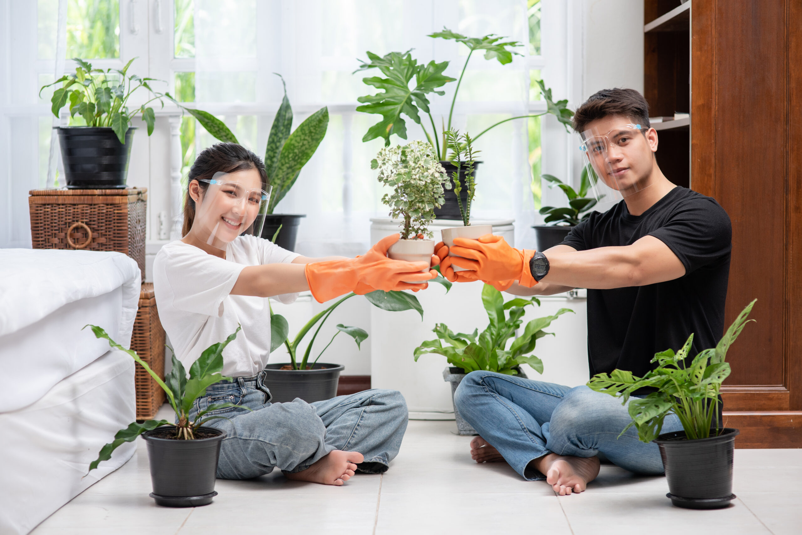 men women wearing orange gloves sat planted trees house scaled