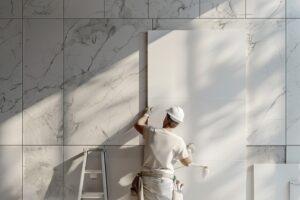 plasterboard worker installs plasterboard wall kitchen cabinets