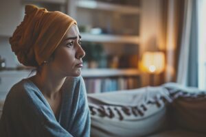 woman with cancer sits sadly living room