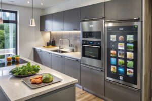 modern kitchen with stainless steel appliances large window