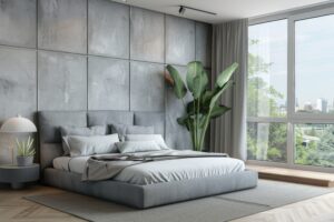 modern bedroom with gray headboard potted plant