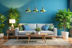 modern living room interior with sofa green plantslamptable blue wall background 3d rendering