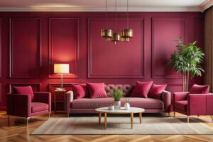 viva magenta is trend colour year 2023 luxury living lounge painted mockup wall art crimson red burgundy colour blank modern room design interior home