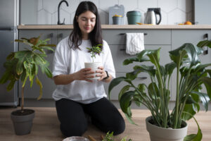 woman changing pots her plants home quarantine