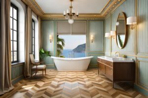 bathroom with tub window with ocean background