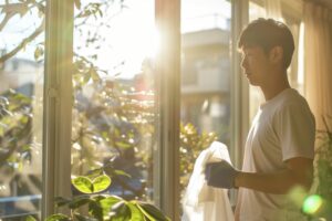 man engaged household task