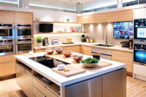 modern kitchen interior with stainless steel appliances wood cabinets