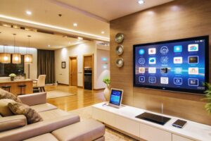 modern living room interior with large tv screen displaying home automation system