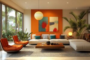 modern living room with abstract wall art plush white sectional vibrant orange accents daylight