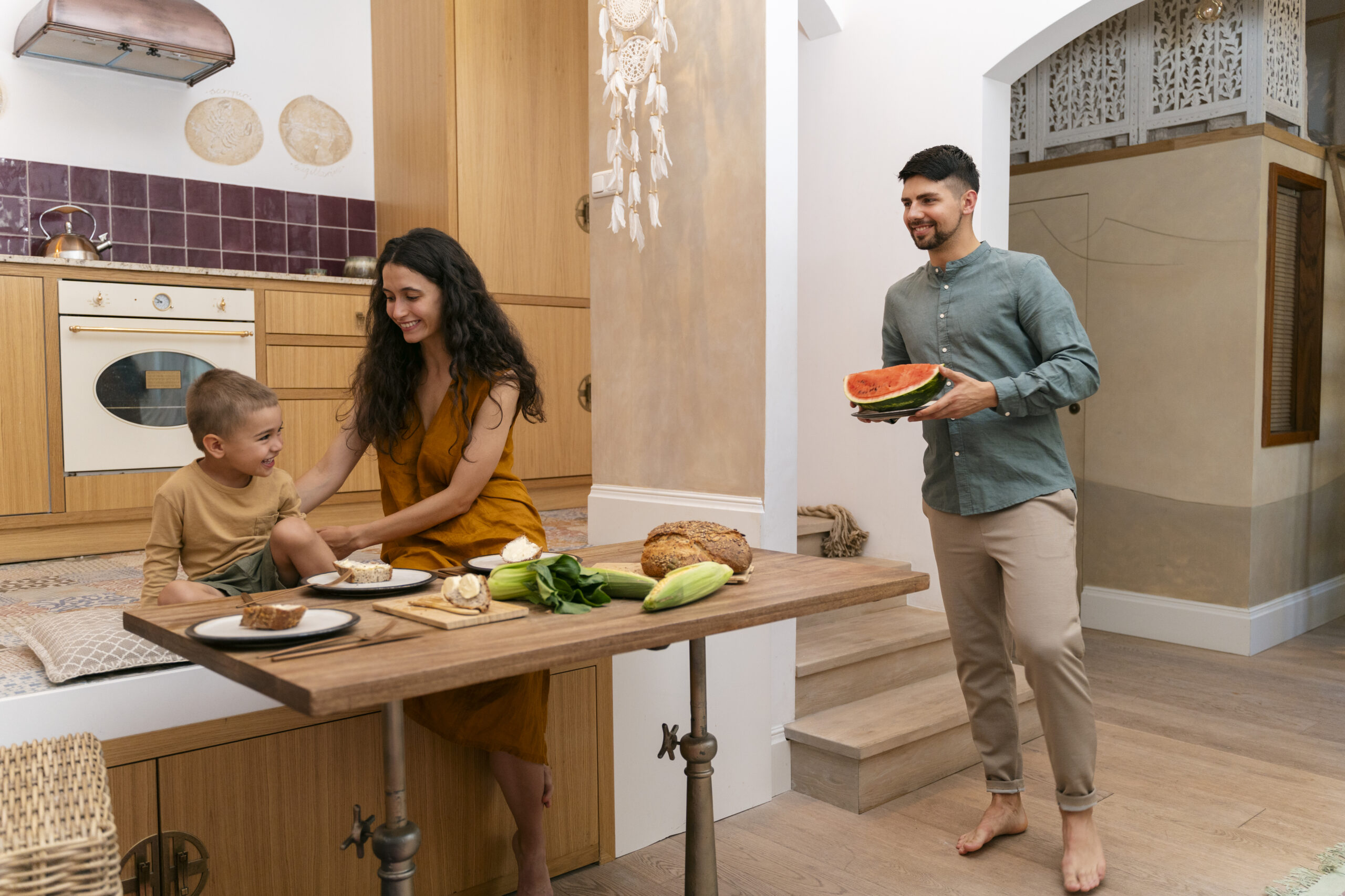 full shot smiley family kitchen scaled