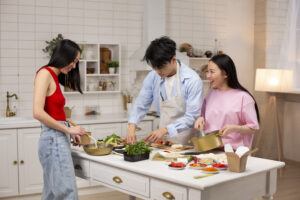 friends cooking japanese food together