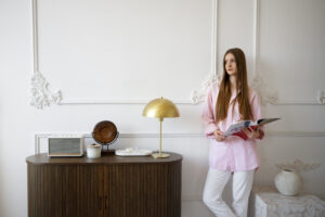 woman doing daily activities minimal decorated room