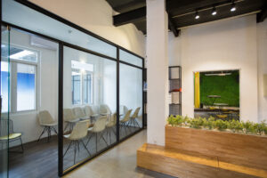 nobody office lobby with wooden bench