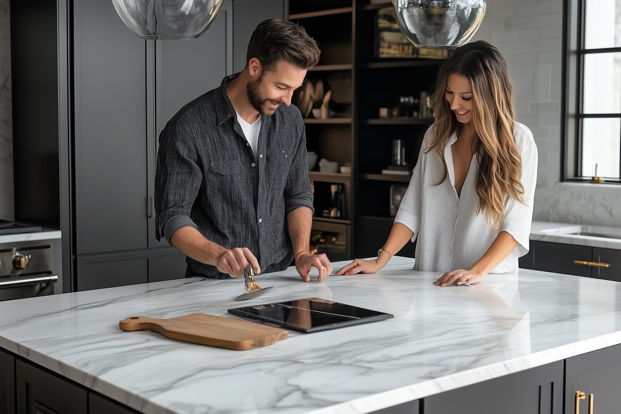 couple preparing meal together modern kitchen with marble countertops stylish decor sunny afternoon scaled